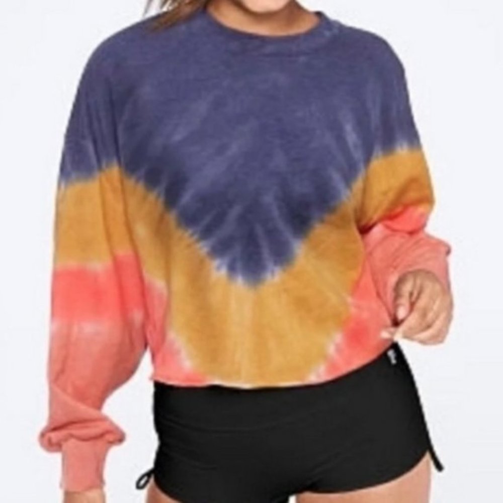 VS PINK Tie Dye Tricolor Crop Oversized Sweatshirt EUC sz M